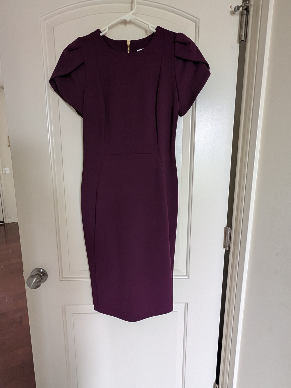 Calvin Klein Plum Midi Dress with Structured Puff Sleeves